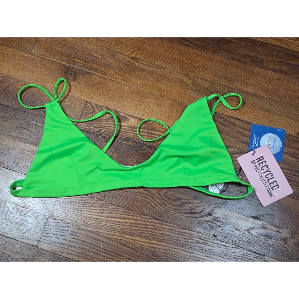 PrettyLittleThing Recycled Lime Green Double Strap Triangle Bikini Top US 10 NWT